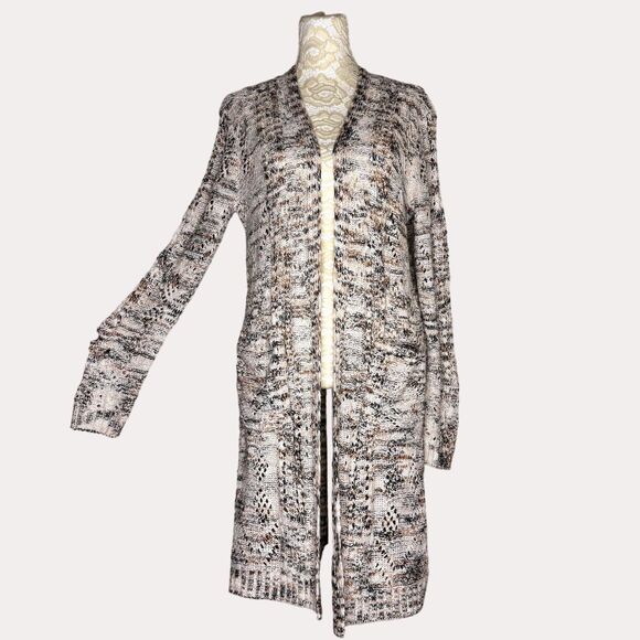 Knox Rose Long Cardigan Sweater Open Front Marled Beige M bv - Picture 2 of 8